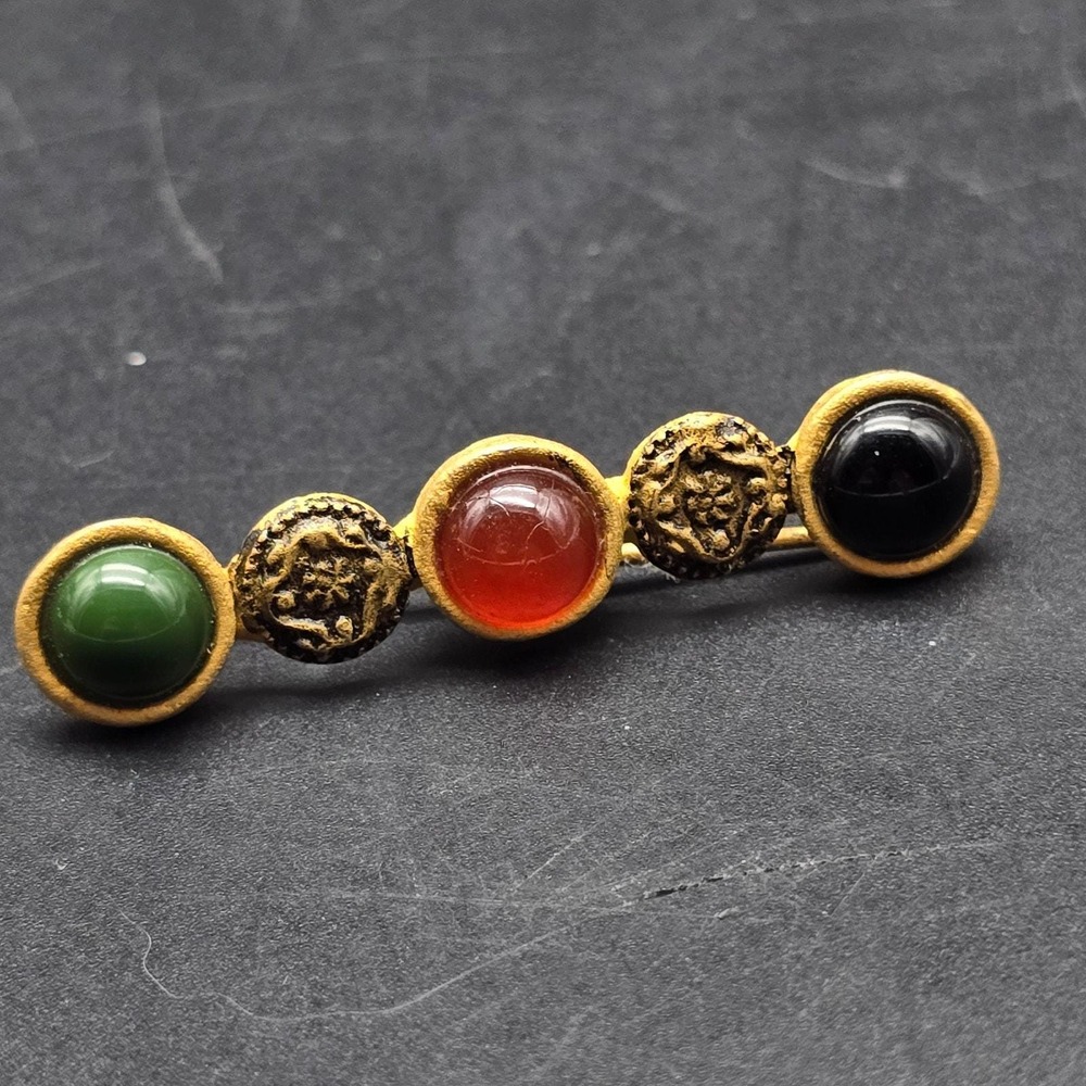 Ginnie Johansen Designs GJD Bar Brooch Gold Tone Green Orange Black - Picture 7 of 7